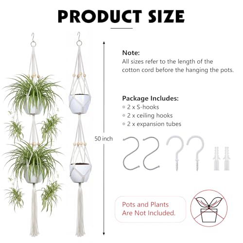 Macrame Plant Hangers 2 Pack, 50 in, Indoor Outdoor, Beige | Natural Cotton Rope, Double-Tier Design, Includes Hooks, Fits Living Room, Balcony, Kitchen, Office