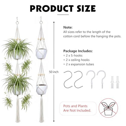 Macrame Plant Hangers 2 Pack, 50 in, Indoor Outdoor, Beige | Natural Cotton Rope, Double-Tier Design, Includes Hooks, Fits Living Room, Balcony, Kitchen, Office