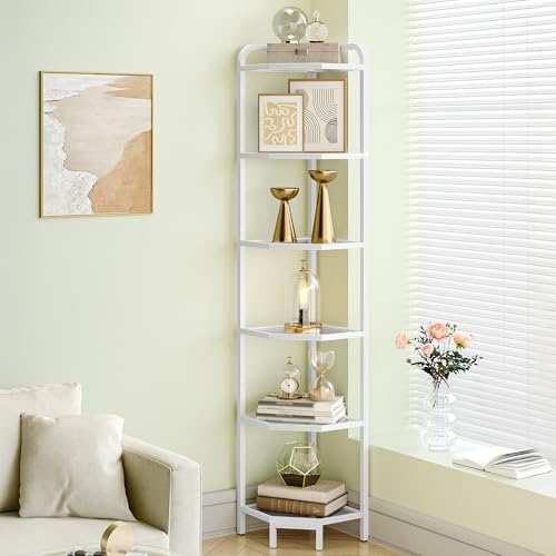 Hzuaneri Corner Shelf Stand, 6-Tier Glass Bookshelf Bookcase, Plant Stand | Bathroom Organizer Steel Frame, Tempered Glass, Modern Style for Living Room, Bathroom, Kitchen, White CS90613W - color: White, size: 6 Tier