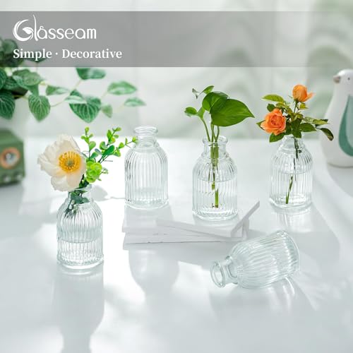 Glasseam Glass Bud Vases for Centerpieces: 12 Pcs Ribbed Small Flower Vases | Clear, Mini 3.7", Cute Table Centerpieces, Wedding Party, Baby Shower, Bridal Florist, Mini Home Decor, Living Room, Kitchen