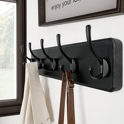 SKOLOO Rustic Wall Mounted Coat Rack, Pine Solid Wood Coat Hook Hanger - 5 Hooks for Hanging Clothes Robes Towels Coats - color: Black Plate & Black Hook, size: 1 Item-5 Hooks