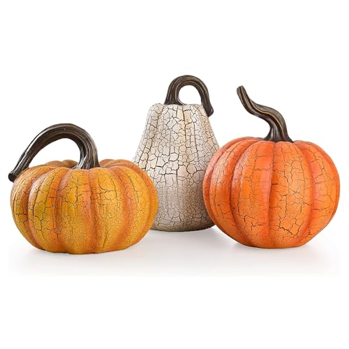 Valery Madelyn Fall Decorations for Home, Fall Pumpkin Decor, Resin Cracked Pumpkin Decorations Indoor, 3pcs Pumpkins for Decorating, Autumn Thanksgiving Table Decor, 5 inch - size: Medium