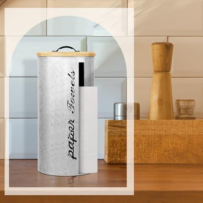 Beeveer Farmhouse Paper Towel Holder Covered Metal Rustic Countertop Paper Towel Dispenser with Wooden Lid Fully Covered Holder for Home Country Bathroom Kitchen 6.3 x 6.3 x 13.4'', Silver