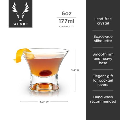 Viski Heavy Base Stemless Manhattan Glasses Set of 2 - Premium Crystal Cocktail Glass, Stemless Martini Glasses, Cocktail Glass Gift Set, 7 oz - style: Classic