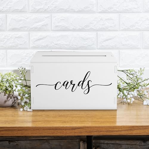 Wooden Wedding Card Box with Slot and Lid | Graduation Card Box for Party 2026 | Grad Gift Money Envelope Holder for Reception, Bridal Shower, Birthday, Retirement | Rustic Keepsake Decorations - size: Card Box (White)