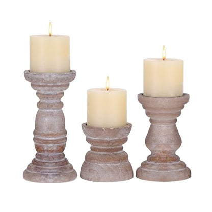 Rustic Wooden Pillar Candle Holders Set of 3 InDistressed Brown, Florence Style, Farmhouse Wooden Candle Holder, Wooden Candle Stand, Small Wooden Candlestick Holders, Living Room, Table Centerpiece