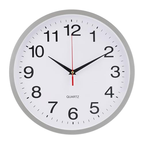 Wall Clock Plastic Frame Silent Non-Ticking Round Indoor Clock Analog Battery Operated Modern Wall Clocks for Home, Office, Hotel, Bedroom, Living Room, Kitchen (Silver, 12inch) - color: Silver, size: 12inch