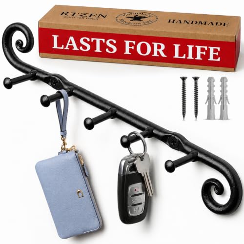 Farmhouse Small Key Holder for Wall, Wrought Iron Wall Mount Rack | Handcrafted Swirl Decorative, 5 Key Hooks for Home Entryway, Purse, Coat and Leash Holder or Organizer (Classic Black) - style: Classic