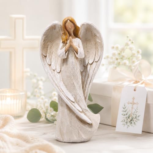Hodao Praying Angel Figurine Resin Guardian Angel Statue for Home Decor, Elegant White Blessing Sculpture for Shelf Table Mantel, Keepsake Gift for Mom, Women and Family - style: praying
