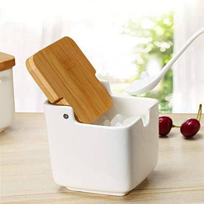 Set of 3 Porcelain Sugar Bowl, 8.8 fl oz Condiment Pots with Spoons Bamboo Flip Lids Labels, Spice Salt Tray Serving for Home Kitchen - color: S-002-3