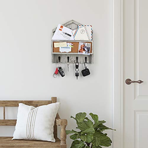 J JACKCUBE DESIGN Wall Mounted Rustic White Wash Mail and Key Holder, Wooden Floating Organizer with Mail Storage, 4 Key Holders and Pin Board for Entryway, Mud Room, Living Room, Office-MK623A