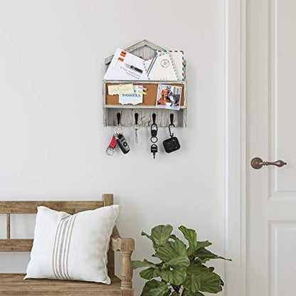 J JACKCUBE DESIGN Wall Mounted Rustic White Wash Mail and Key Holder, Wooden Floating Organizer with Mail Storage, 4 Key Holders and Pin Board for Entryway, Mud Room, Living Room, Office-MK623A