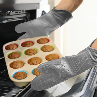BPA-Free Soft Silicone Oven Mitts - Ultra Heat Resistant Oven Mitts with Thick Cotton Liner - Extra Long Slip Resistant Pot Holders, Flexible Oven Gloves - Gray 14.7" - color: Gray, size: 2-Piece 14.7" Oven Mitts
