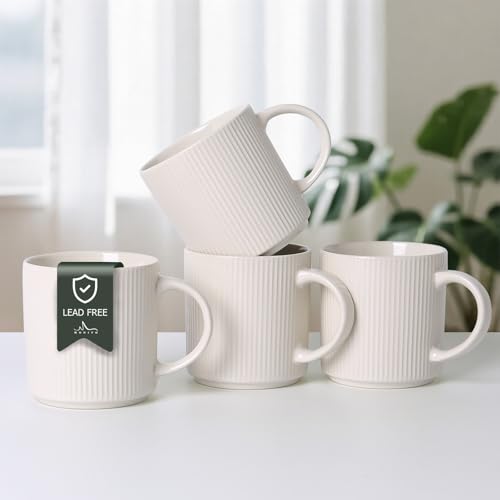 MONITO 16Oz Coffee Mugs Set of 4,Rustic Ceramic Coffee Cups Set with Handle | Vintage Striped Stoneware Large Coffee Mugs for Latte, Cocoa, Tea, Milk, Microwave & Dishwasher Safe,White - color: White, size: 4PCS