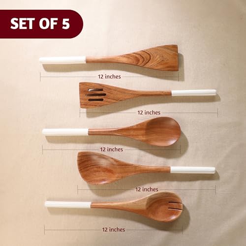Folkulture Premium Wooden Spoons for Cooking,Kitchen Utensils Set of 5(12") | Smooth Finish, Soft, Comfort, Durable, Non Toxic, Non Stick, Acacia Wooden Spoons, Cooking Gifts for Women,Kitchen Essentials - color: White