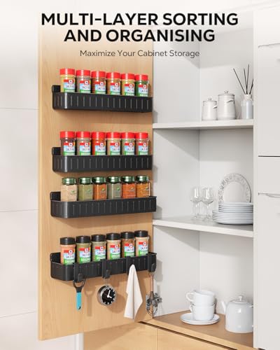 Nieifi Spice Rack Wall Mount, 4 Pack Black, 2" Depth, Screw/Adhesive | Wall-Mounted with Removable Hooks Saves Counter Space, Fits 2" Deep Jars, Ideal for Kitchen Cabinets, Pantry Doors, and RVs - color: Black