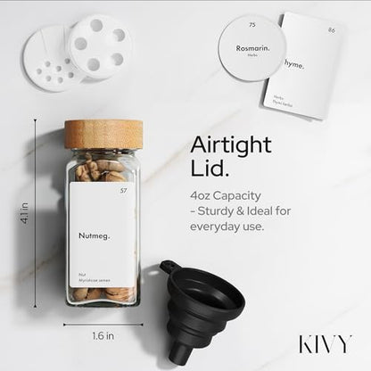 KIVY Spice Jars with Labels [24x 4oz] Glass Seasoning Containers with Airtight Lids for Organization - Empty Square Bottles for Spices & Seasonings with Shaker Lids - Spice Containers Bamboo - size: Bamboo White