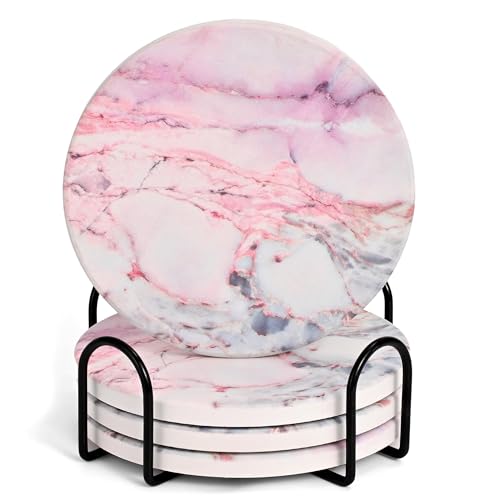 Cute Pink Marble Coasters Set of 4, 4 Inch Office Aesthetic Absorbent Drink Coasters for Women - color: Pink Marble