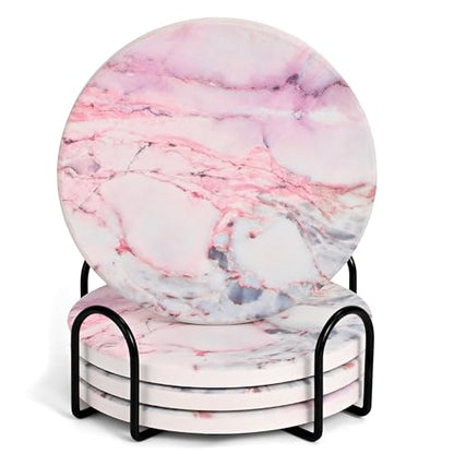 Cute Pink Marble Coasters Set of 4, 4 Inch Office Aesthetic Absorbent Drink Coasters for Women - color: Pink Marble