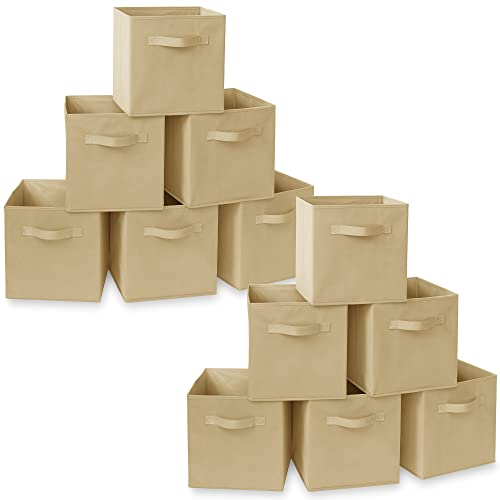 Casafield Set of 12 Collapsible Fabric Cube Storage Bins, Sandy Beige - 11" Foldable Cloth Baskets for Shelves, Cubby Organizers & More - color: Sand, size: 10.5" x 10.5" x 11"