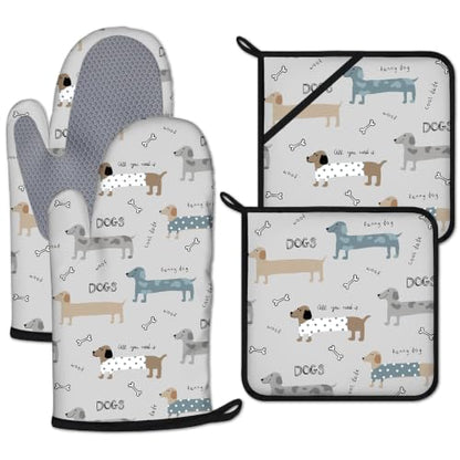 Cute Dachshund Dog Oven Mitts and Pot Holders Sets 4 Pcs Silicone Funny Kitchen Gloves Heat Resistant Potholders for Baking Grilling BBQ - color: Dachshund Dog