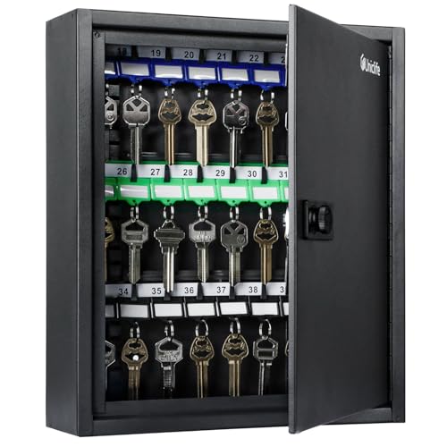 Uniclife 40 Position Key Cabinet with Combination Lock Resettable Black Digital Security Storage Box Steel Key Organizer with Adjustable Racks Colorful Key Tag Labels and Hooks - color: Black, size: 40 Keys