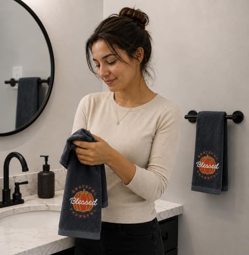 Harvest Fall Hand Towels for Bathroom: Plush Gray Grey Embroidered Grateful Thankful Blessed Orange Pumpkin Design for Bath, 100% Cotton, 16" x 25" Inches, Oeko-TEX Certified - color: Grateful