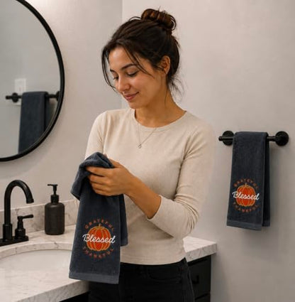 Harvest Fall Hand Towels for Bathroom: Plush Gray Grey Embroidered Grateful Thankful Blessed Orange Pumpkin Design for Bath, 100% Cotton, 16" x 25" Inches, Oeko-TEX Certified - color: Grateful