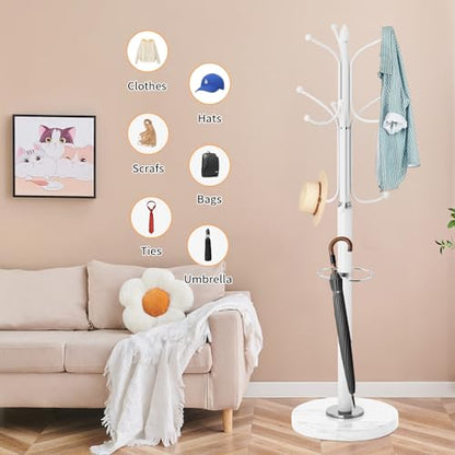 ZOZOE Metal Coat Rack Stand, Modern Coat Rack Freestanding with Natural Marble Base, Sturdy Coat Racks with 12 Hooks & Umbrella Holder,White Coat Tree Hanger Stand for Bags,Hats,Entryway,Office - color: White 12 Hooks