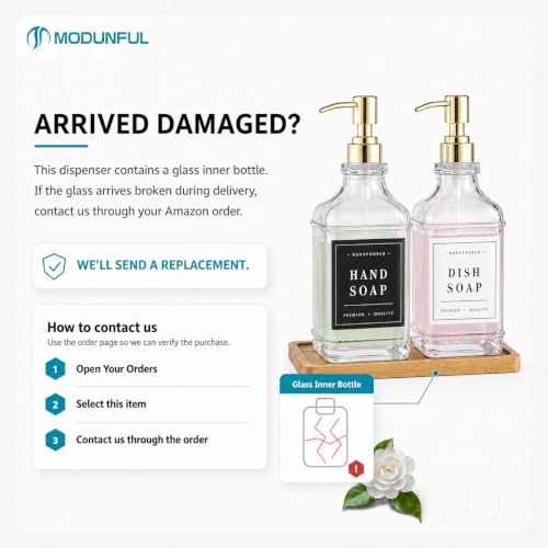 Clear Glass Soap Dispenser Set: Modunful 2 Pack 16.9oz Countertop Soap Dispenser with Bamboo Tray, Silicone Funnel & 60 Waterproof Stickers - for Kitchen Bathroom - color: Dm2647-gold