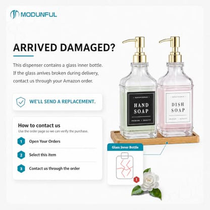 Clear Glass Soap Dispenser Set: Modunful 2 Pack 16.9oz Countertop Soap Dispenser with Bamboo Tray, Silicone Funnel & 60 Waterproof Stickers - for Kitchen Bathroom - color: Dm2647-gold