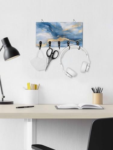 Key Holder for Wall Blue Marble Decorative Hanging Key Rack Wall Mount with 5 Hooks Golden Ripple Abstract Art Organizer Wall Decor for Entryway Front Door Kitchen 9.4x5in