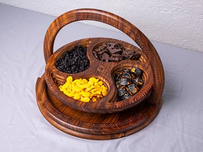 Handmade 14″ Collapsible Wooden Basket, 4-Compartment Paisley Design in Himalayan Rosewood – Fruit Basket, Bread Bowl & Trivet – Folds Flat for Easy Storage – Unique Centerpiece & Gift