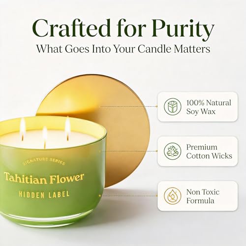 Hidden Label Tahitian Flower Candle, 18oz 3 Wick, 70H Tropical | Sage Green Glass Bowl | Mirror Gold Lid | Exotic Floral Scent | Non Toxic Soy Wax - color: Tahitian Flower