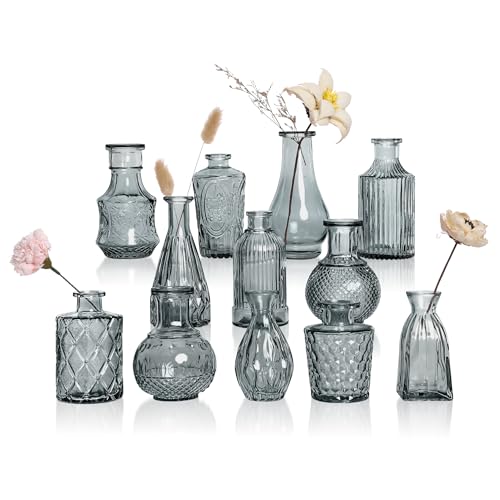 Small Glass Vase Set of 12, Grey Bud Vases for Centerpiece Table Decorations, Boho Vintage Flower Vases in Bulk, Mini Vase Decorative for Wedding Party Baby Shower Birthday Home Decor - color: Gray, size: Set of 12 Vases