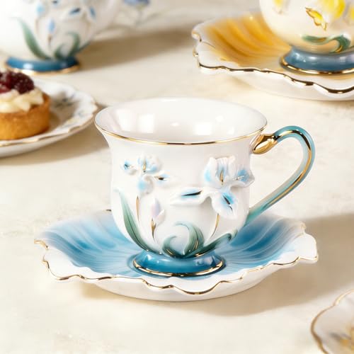 KAMMAK Tea Cups and Saucers Set of 2, Porcelain Coffee Cups, NX015 | Gold Rim, Stackable Espresso Mugs, Ceramic Demitasse for Coffee, Latte, Americano, Afternoon Tea, Elegant Gift for Women - size: 8CZNX015+16