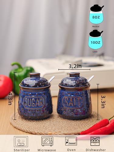 GDCZ 10 Oz Ceramic Salt and Sugar Bowls Set with Lid and Spoons (Blue) | Convenient Set of 2 for Kitchen, Includes Lids & Matching Spoons, 10oz Capacity, Embossed Pots - color: Blue