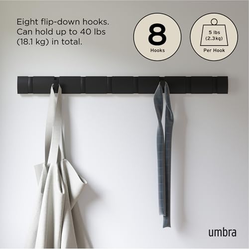 Umbra Flip Coat Rack, Wall Mount 8-Hook, Space Saving, Black | Real wood and steel build, retractable hooks fold flat, holds coats bags and scarves, easy install - color: Black/Black, size: 8-Hook