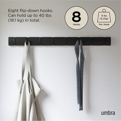 Umbra Flip Coat Rack, Wall Mount 8-Hook, Space Saving, Black | Real wood and steel build, retractable hooks fold flat, holds coats bags and scarves, easy install - color: Black/Black, size: 8-Hook