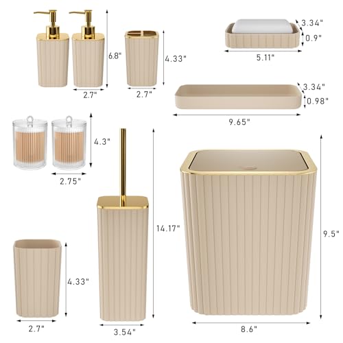 XLHOMO Bathroom Accessories Set - Gorgeous Bathroom Set, 10PC Beige Bathroom Accessory Set, Toilet Brush, Trash Can & Soap Dispenser - size: Bath Set, style: Beige&Gold