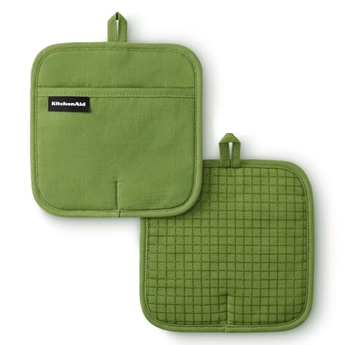 KITCHENAID Gourmet Series Gridlines Pot Holders 2-Pack Set, Heat Resistant up to 600°F, Soft Silicone Grip, Magnetic Cuff, Matcha Green, 8"x8" - color: Matcha Green