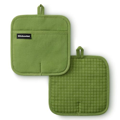 KITCHENAID Gourmet Series Gridlines Pot Holders 2-Pack Set, Heat Resistant up to 600°F, Soft Silicone Grip, Magnetic Cuff, Matcha Green, 8"x8" - color: Matcha Green