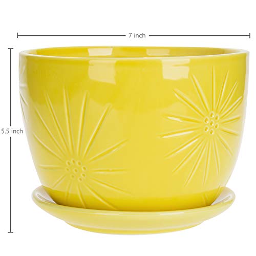 MyGift 7 Inch Yellow Ceramic Planter Pot with Sunburst Design & Saucer | Bright tabletop planter features a textured geometric finish & built-in water tray, perfect for herbs, flowers, and greenery - color: Yellow