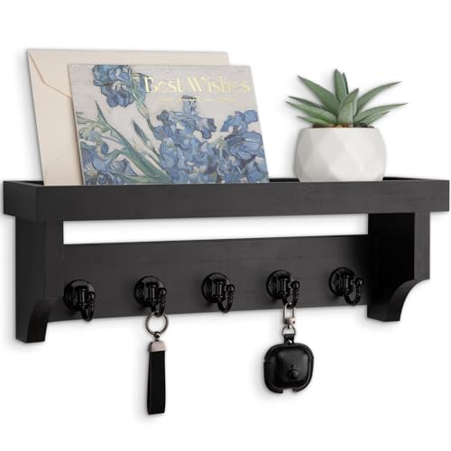 Key and Mail Holder Wall Mount, Key Holder with Shelf and Mail Organizer Wall Mount. Mail Holder with 5 Hooks for Coat, Dog Leash, Home Decor Rack, Entry Way Organizer (Black) - color: Black