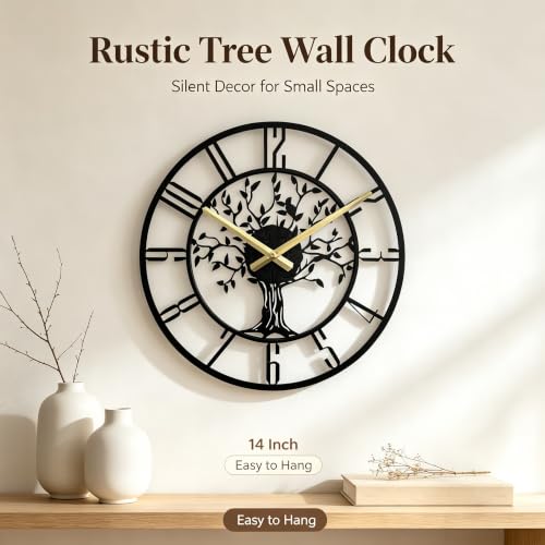 Wall Clock for Living Room Decor 14 inch Tree of Life Metal Wall Art, Non-Ticking Battery Operated Metal Black for Office/Bedroom/Kitchen/Dining Room Decoration - size: B 14 Inch