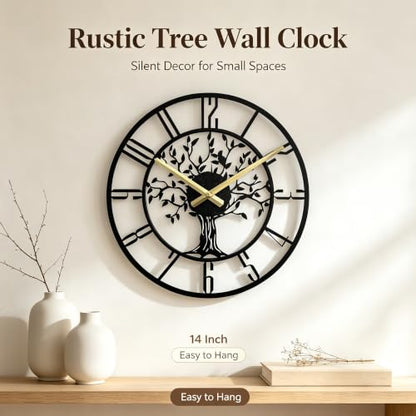 Wall Clock for Living Room Decor 14 inch Tree of Life Metal Wall Art, Non-Ticking Battery Operated Metal Black for Office/Bedroom/Kitchen/Dining Room Decoration - size: B 14 Inch