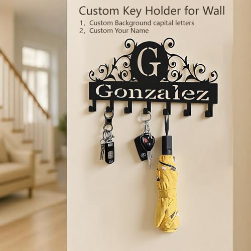 Key Holder Wall Mount with Personalized Name, Custom Metal Wall Key Holder, 6-12 Multi-Purpose Hooks for Keys, Leash & More - color: Vines