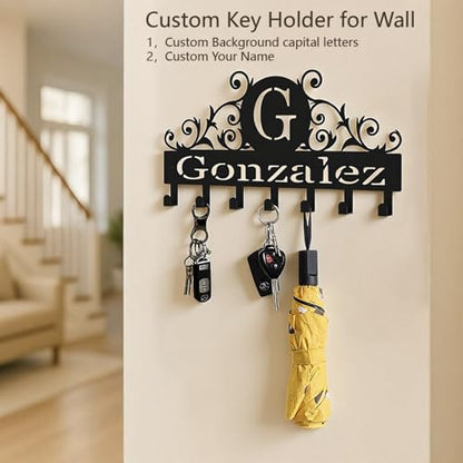 Key Holder Wall Mount with Personalized Name, Custom Metal Wall Key Holder, 6-12 Multi-Purpose Hooks for Keys, Leash & More - color: Vines