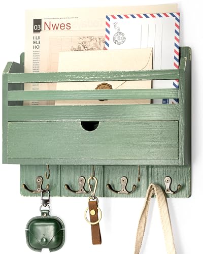 Rebee Vision Mail Organizer Wall Mount with Drawer for Home Decor, Green | Pine Wood, Key and Mail Holder for Wall, 7 Key Hooks, Drawer Organizer, Letter Sorter, Apartment Essential, Room Decor - color: Green
