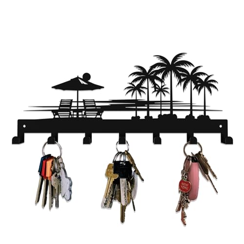 Tropical Style Key Holder Wall Mount with 7 Hooks, Key Hanger Organizer for Front Door, Hallway, Entryway & Office Decor, Featuring Sunset and Coconut Tree Design